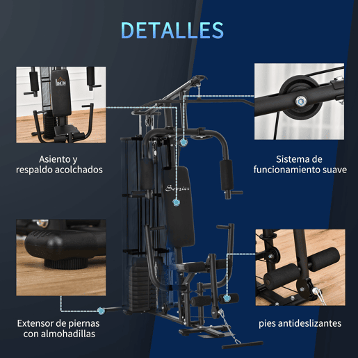 HOMCOM Multi Estação de Musculação com Estribo para Pernas Placas de Peso de 45kg Carga Máxima 120kg para Treinamento Fitness em Casa Academia 150x110x210cm Preto