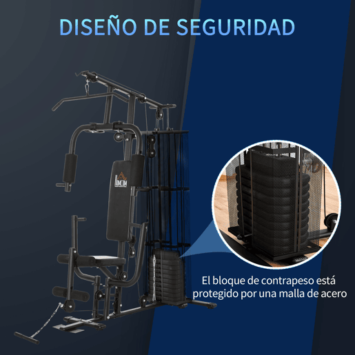 HOMCOM Multi Estação de Musculação com Estribo para Pernas Placas de Peso de 45kg Carga Máxima 120kg para Treinamento Fitness em Casa Academia 150x110x210cm Preto