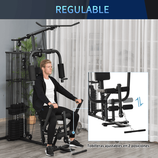 HOMCOM Multi Estação de Musculação com Estribo para Pernas Placas de Peso de 45kg Carga Máxima 120kg para Treinamento Fitness em Casa Academia 150x110x210cm Preto