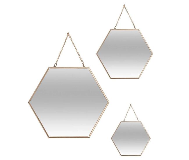 Juego de 3 espejos dorados exagonales|l. 29,5 x p. 0,5 x h. 26 cm