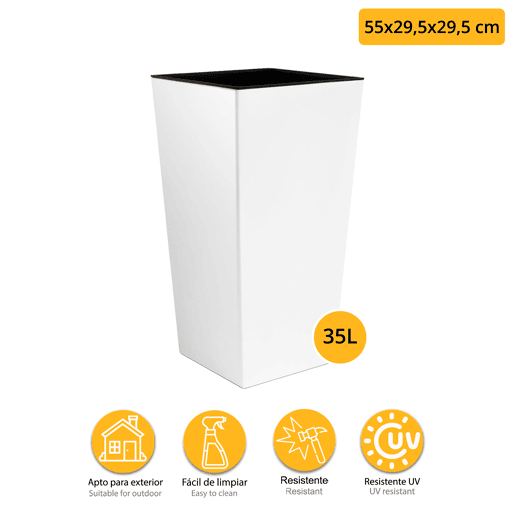 Set de Vaso Rato alta 35 L Prosperplast urbi quadrado de plástico com tanque em branco, 55 (alto) x 29,5 (largura) x 29,5 (profundo) cms + bola de bola