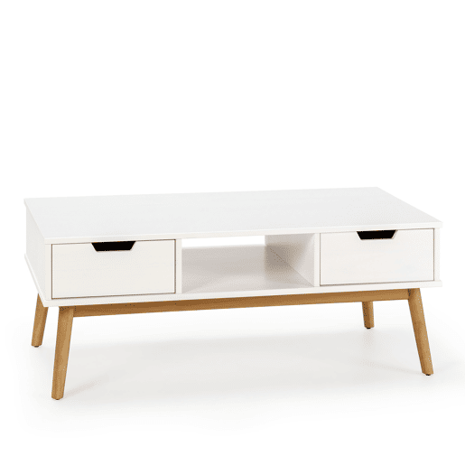 Mesa de centro Baku branco, pinho maciço, 2 gavetas, 110 cm