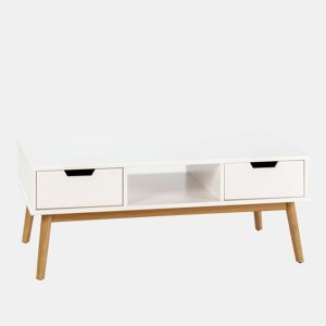 Mesa de centro Baku branco, pinho maciço, 2 gavetas, 110 cm