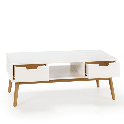 Mesa de centro Baku branco, pinho maciço, 2 gavetas, 110 cm
