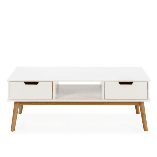 Mesa de centro Baku branco, pinho maciço, 2 gavetas, 110 cm