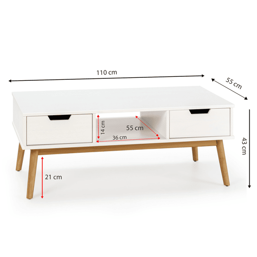 Mesa de centro Baku branco, pinho maciço, 2 gavetas, 110 cm