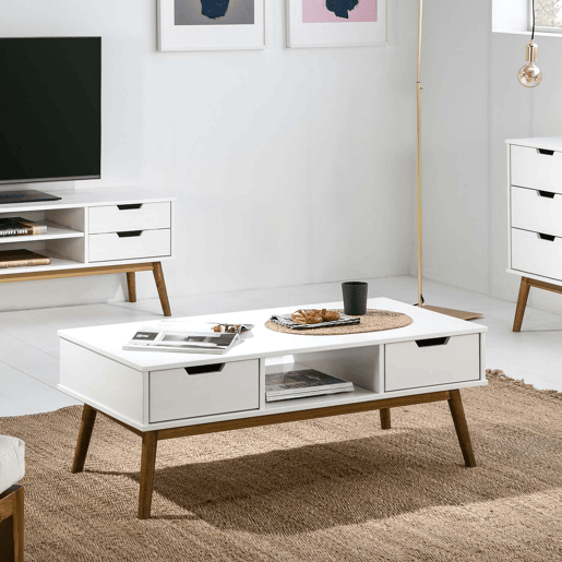 Mesa de centro Baku branco, pinho maciço, 2 gavetas, 110 cm