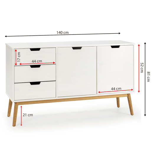 Aparador Baku 3 gavetas e 2 portas branco, madeira maciça de pinho