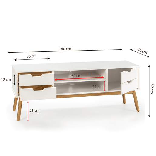 Armário tv Baku 1 porta e 2 gavetas branco, madeira maciça, 140 cm