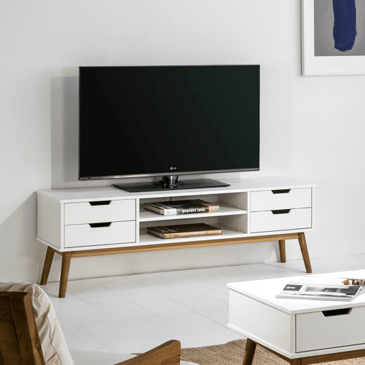 Armário tv Baku 1 porta e 2 gavetas branco, madeira maciça, 140 cm