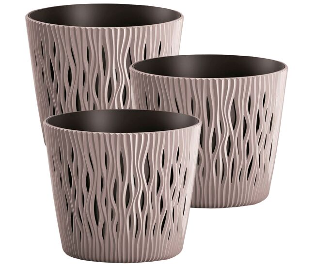 3x maceta redonda de plastico sandy round en color mocca 15,8 (largo) x 15,8 (ancho) x 13,8 (alto) cm