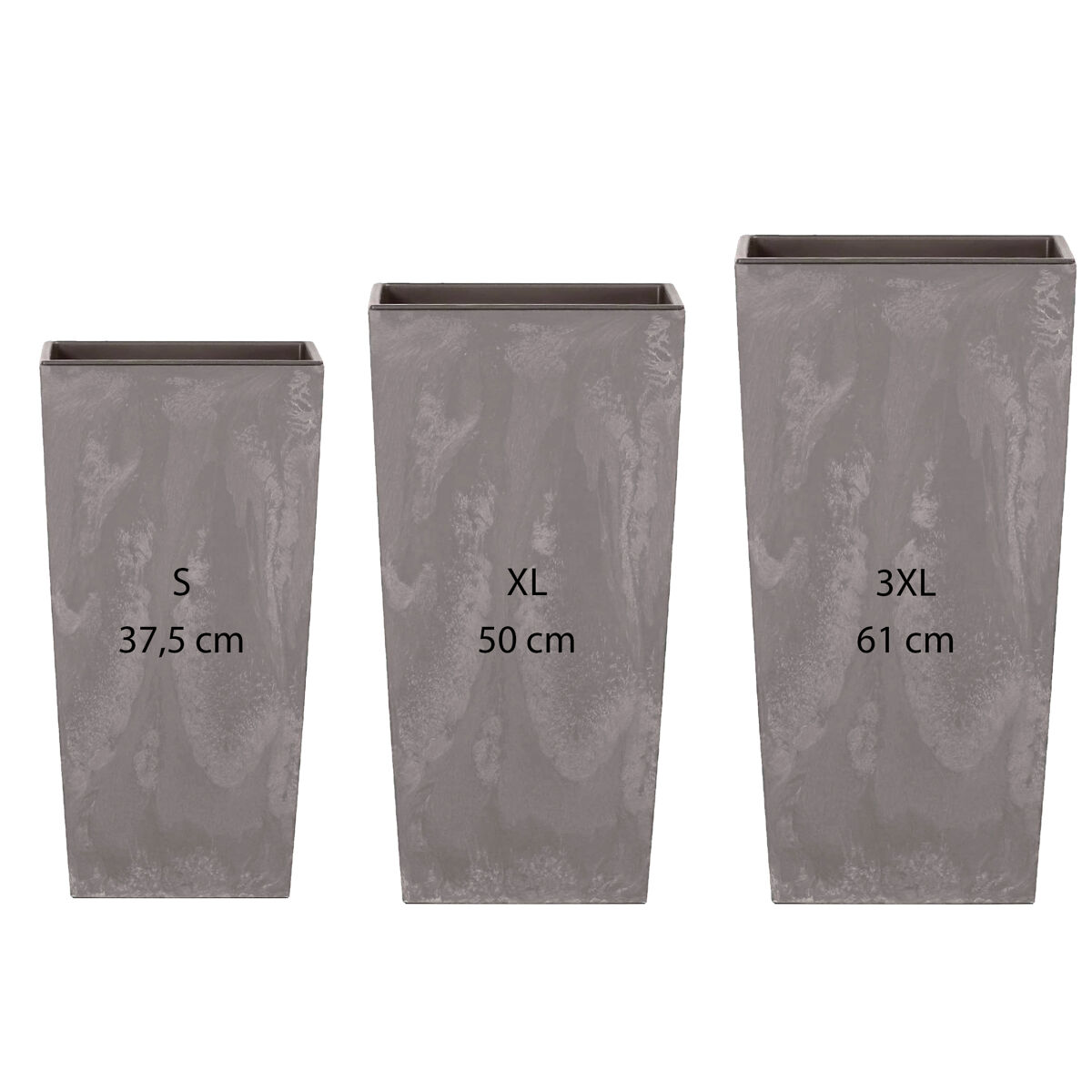 Pack 3 macetas altas prosperplast (11,4/26,6/49 litros) urbi square effect de plastico en color gris claro con deposito.