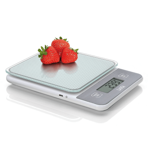 Balança de cozinha electrónica branca com bateria recarregável peso máximo 5Kg