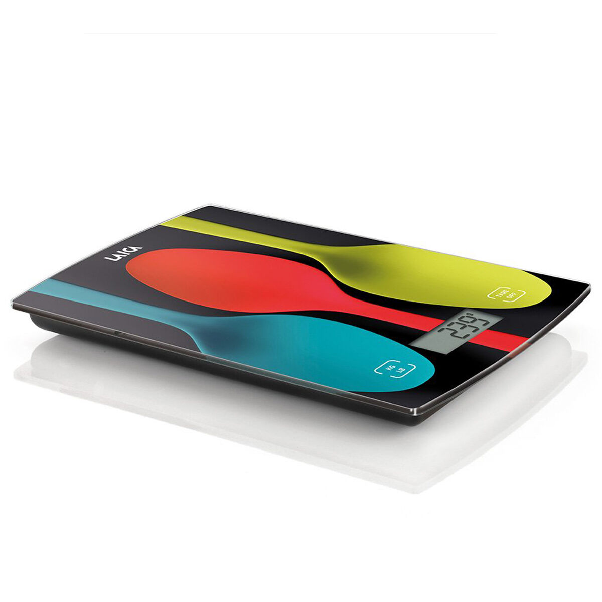 Balanza electrónica negra con diseño de cucharas