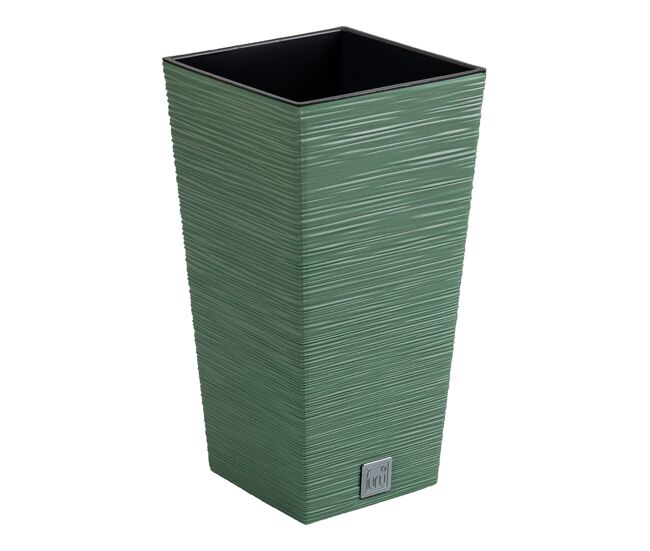 Macetero color verde tierra, con depósito, colección furu, de 29,5 x 29,5 x 55 cm, capacidad de 14 l.