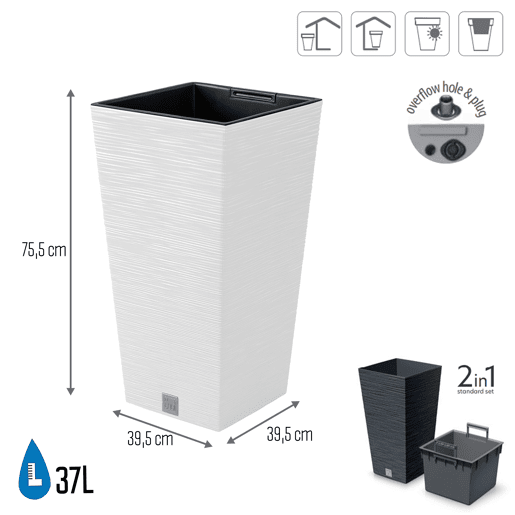 Macotero branco, com depósito, coleção FURU, 39,5 x 39,5 x 75,5 cm, capacidade de 37 L.