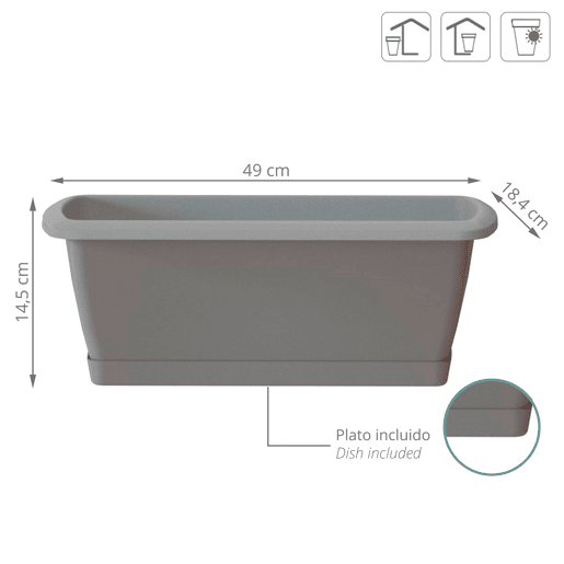 Jardinera resgate com suporte plástico em pedra cinza 49 (comprimento) x 18,4 (largura) x 14,5 (alta) cm