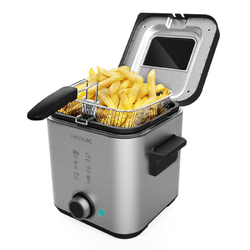 Cecotec Fritadeira elétrica de 1,5 litros de aço inoxidável com filtro OilClean que mantém o óleo limpo, tigela extraível, 900 W de potência, tampa com janela para visualizar o processo e filtro anti cheiros.