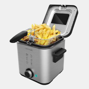 Cecotec Fritadeira elétrica de 1,5 litros de aço inoxidável com filtro OilClean que mantém o óleo limpo, tigela extraível, 900 W de potência, tampa com janela para visualizar o processo e filtro anti cheiros.