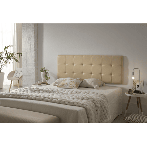 Cabeceira de cama de 160 cm com estofamento capitonê em couro sintético xadrez, 162 x 57 x 5 cm, cor camelo claro.