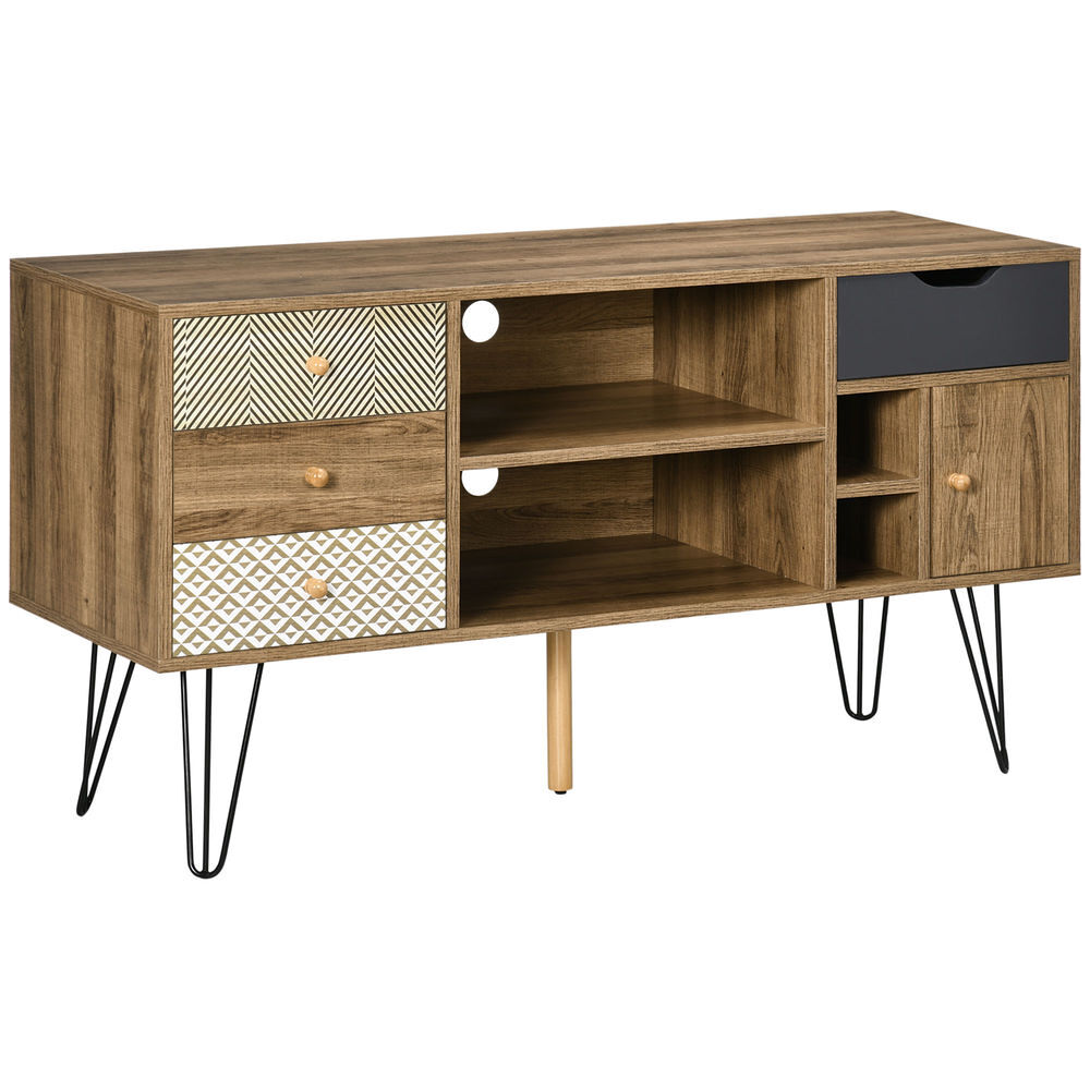 Homcom mueble de tv con estantes de almacenamiento 4 cajones y patas de metal mesa para tv de salón para televisores de hasta 50 pulgadas para dormitorio 120x39x64 cm marrón