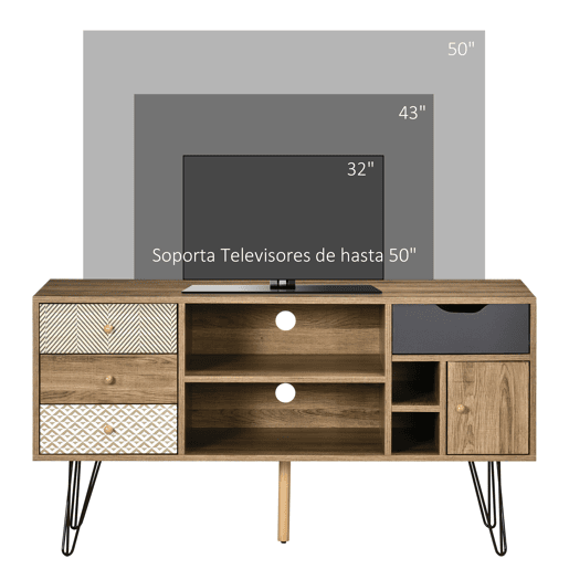 HOMCOM Móvel de TV com Prateleira de Armazenamento 4 Gavetas e Pés de Metal Móvel de TV para Televisores de até 50 Polegadas para Escritório 120x39x64cm Marrom