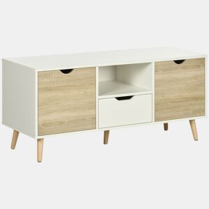 HOMCOM Móvel de TV com Gaveta 2 Portas e Prateleira Mesa de TV para Televisores de até 50 Polegadas Aparador de Sala de Estar 110x40x50cm Branco e Madeira