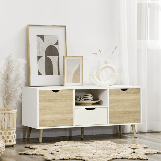 HOMCOM Móvel de TV com Gaveta 2 Portas e Prateleira Mesa de TV para Televisores de até 50 Polegadas Aparador de Sala de Estar 110x40x50cm Branco e Madeira