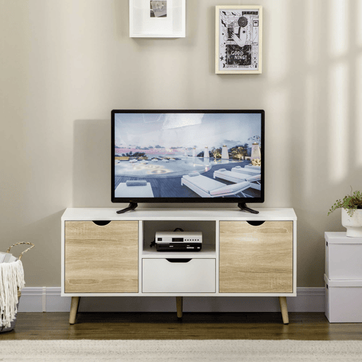 HOMCOM Móvel de TV com Gaveta 2 Portas e Prateleira Mesa de TV para Televisores de até 50 Polegadas Aparador de Sala de Estar 110x40x50cm Branco e Madeira