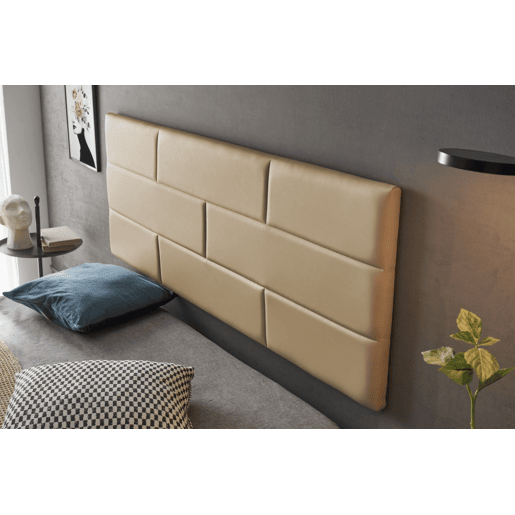 Cabeceira em imitação de couro com estampa de tijolos, 160 cm (162 x 57 x 5 cm), cor camelo claro.