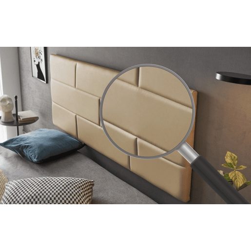 Cabeceira em imitação de couro com estampa de tijolos, 160 cm (162 x 57 x 5 cm), cor camelo claro.