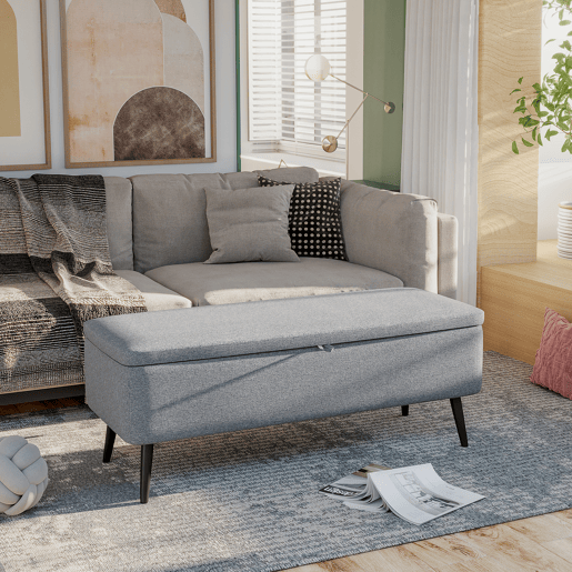 HOMCOM Banco de Armazenamento Estofado em Linho com Tampa Abatível e Pés de Aço para Dormitório Sala de Estar Entrada Carga Máxima 150kg 101x38,5x44,5 cm Cinza