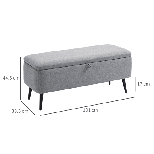 HOMCOM Banco de Armazenamento Estofado em Linho com Tampa Abatível e Pés de Aço para Dormitório Sala de Estar Entrada Carga Máxima 150kg 101x38,5x44,5 cm Cinza