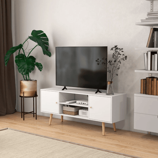 HOMCOM Móvel de TV de Sala de Estar Móvel para Televisores de até 55 Polegadas com 2 Portas 2 Prateleiras de Armazenamento para Escritório Dormitório 120x34x50cm Branco