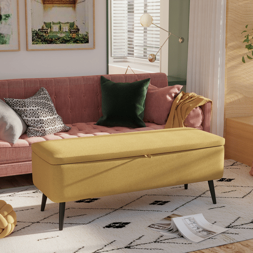 HOMCOM Banco de Armazenamento Estofado em Linho com Tampa Abatível e Pés de Aço para Dormitório Sala de Estar Entrada Carga Máxima 150kg 101x38,5x44,5 cm Amarelo