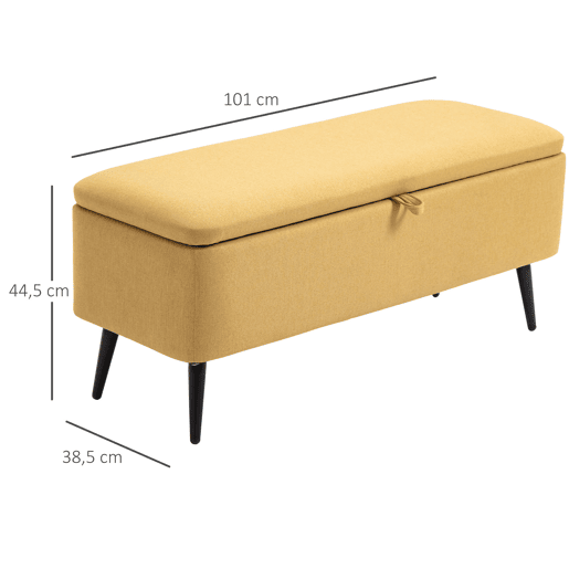 HOMCOM Banco de Armazenamento Estofado em Linho com Tampa Abatível e Pés de Aço para Dormitório Sala de Estar Entrada Carga Máxima 150kg 101x38,5x44,5 cm Amarelo
