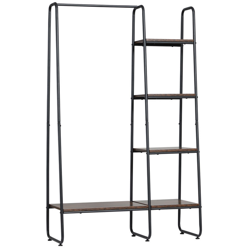 Homcom perchero de ropa de madera perchero multiusos con 5 estantes de almacenaje y barra para colgar para dormitorio salón entrada estilo industrial 101x39x160 cm rústico