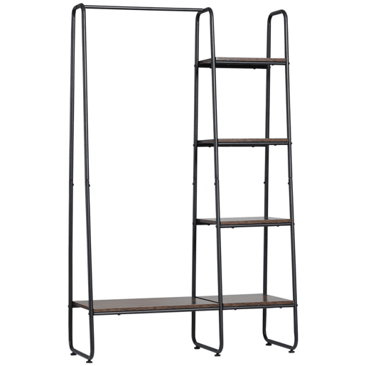 HOMCOM Suporte para Cabides Charriot de Madeira com 4 Prateleiras de Armazenamento e Barra de Pendurar para Dormitório Sala de Estar Entrada Estilo Industrial 101x39x160cm Café e Preto