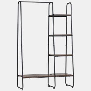 HOMCOM Suporte para Cabides Charriot de Madeira com 4 Prateleiras de Armazenamento e Barra de Pendurar para Dormitório Sala de Estar Entrada Estilo Industrial 101x39x160cm Café e Preto