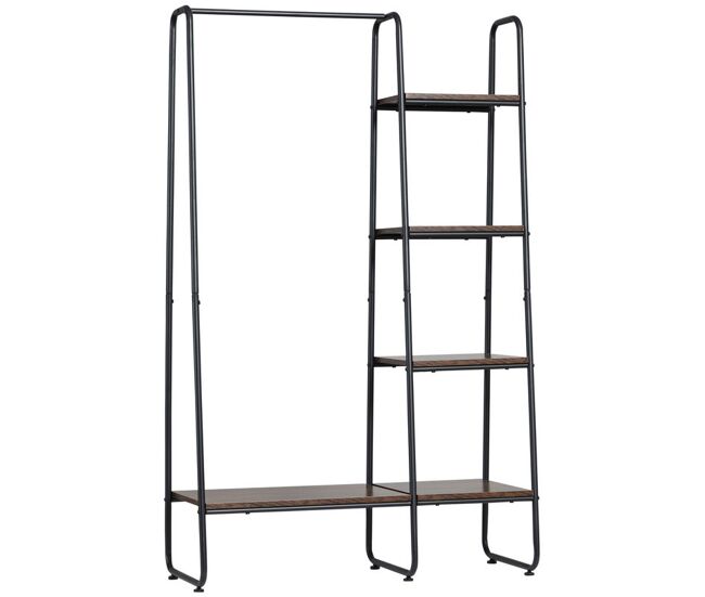 Homcom perchero de ropa de madera perchero multiusos con 5 estantes de almacenaje y barra para colgar para dormitorio salón entrada estilo industrial 101x39x160 cm rústico