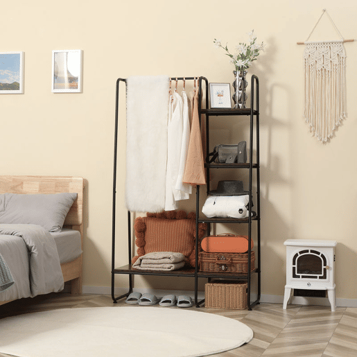 HOMCOM Suporte para Cabides Charriot de Madeira com 4 Prateleiras de Armazenamento e Barra de Pendurar para Dormitório Sala de Estar Entrada Estilo Industrial 101x39x160cm Café e Preto