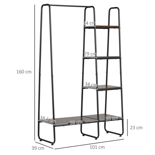 HOMCOM Suporte para Cabides Charriot de Madeira com 4 Prateleiras de Armazenamento e Barra de Pendurar para Dormitório Sala de Estar Entrada Estilo Industrial 101x39x160cm Café e Preto