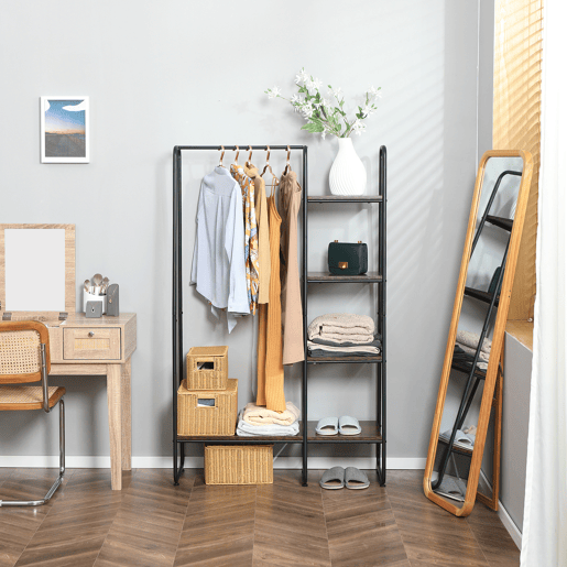 HOMCOM Suporte para Cabides Charriot de Madeira com 4 Prateleiras de Armazenamento e Barra de Pendurar para Dormitório Sala de Estar Entrada Estilo Industrial 101x39x160cm Café e Preto