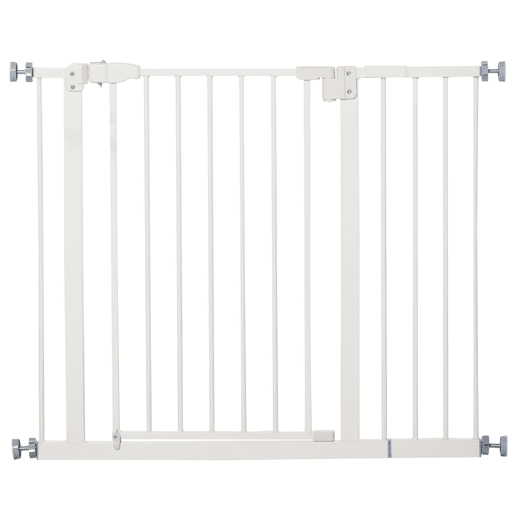 PawHut Barreira de Segurança Metálica de Portas e Escadas para Animais de Estimação Cães com Extensão de 17,5 cm Sistema de Fechamento Automático 74-97,5x76,2 cm Branco