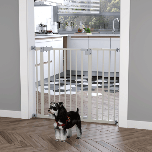 PawHut Barreira de Segurança Metálica de Portas e Escadas para Animais de Estimação Cães com Extensão de 17,5 cm Sistema de Fechamento Automático 74-97,5x76,2 cm Branco