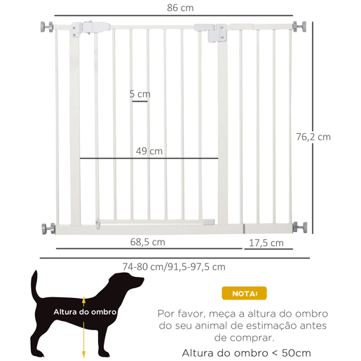 PawHut Barreira de Segurança Metálica de Portas e Escadas para Animais de Estimação Cães com Extensão de 17,5 cm Sistema de Fechamento Automático 74-97,5x76,2 cm Branco