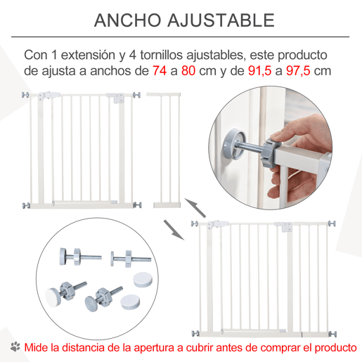PawHut Barreira de Segurança Metálica de Portas e Escadas para Animais de Estimação Cães com Extensão de 17,5 cm Sistema de Fechamento Automático 74-97,5x76,2 cm Branco