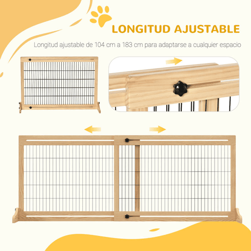 PawHut Barreira de Segurança para Cães de Madeira Extensível com Pés de Suporte Barreira de Proteção para Animais de Estimação para Portas Escada Corredor 104-183x36x69cm Natural