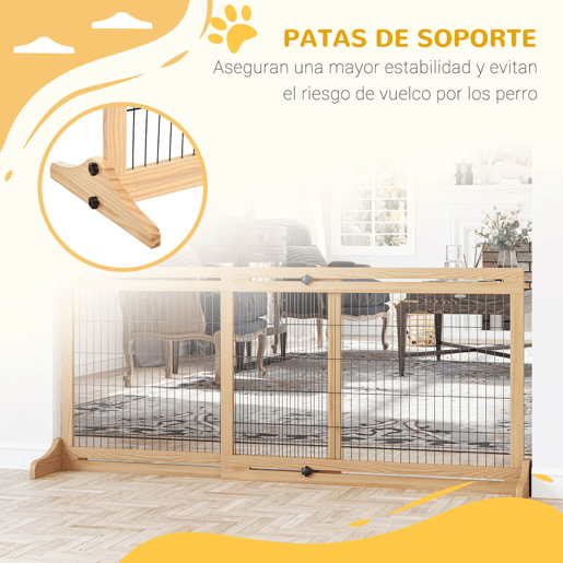 PawHut Barreira de Segurança para Cães de Madeira Extensível com Pés de Suporte Barreira de Proteção para Animais de Estimação para Portas Escada Corredor 104-183x36x69cm Natural