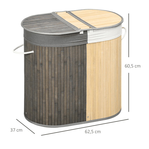 HOMCOM Cesto de Roupa Suja de Bambu Capacidade de 100L Cesto para Roupa Suja com Tampa Rebatível e Bolsa com 2 Compartimentos Amovível 62,5x37x60,5cm Cinza e Madeira